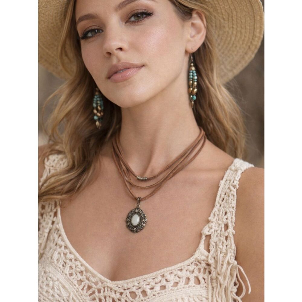 Bohemian Multi-Strand Brown Cord Necklace with Antique Style Pendant